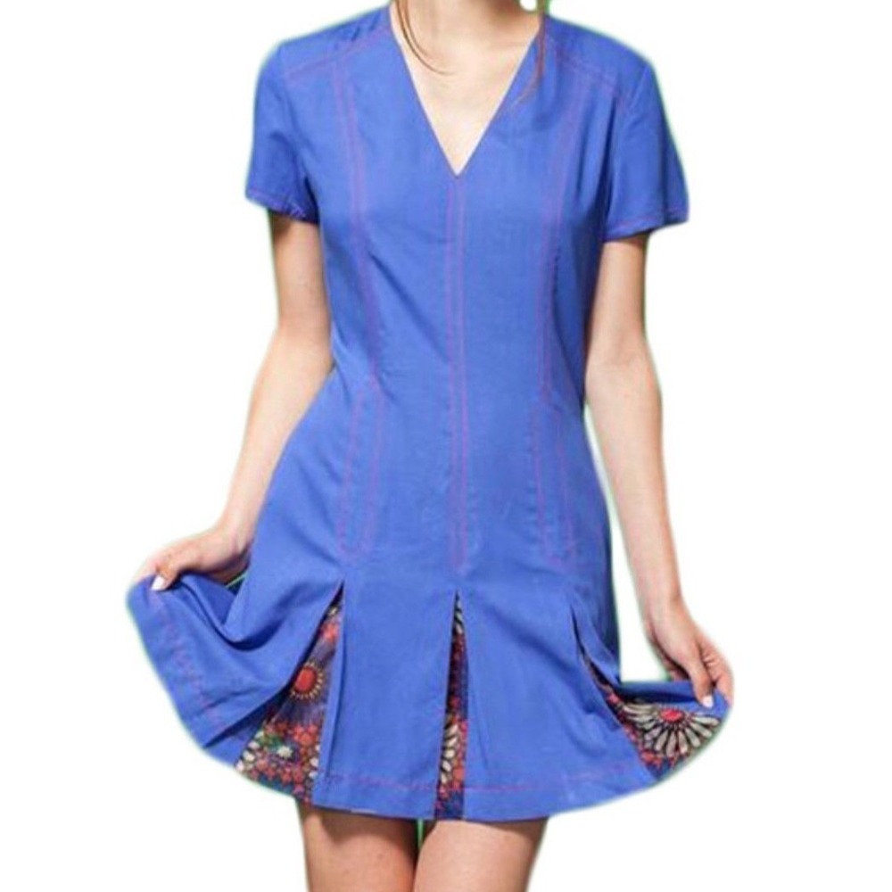 Alice's Pig Emily's Electron Blue V Neck Dress Contrast Stitch Pleated US 8 NWT